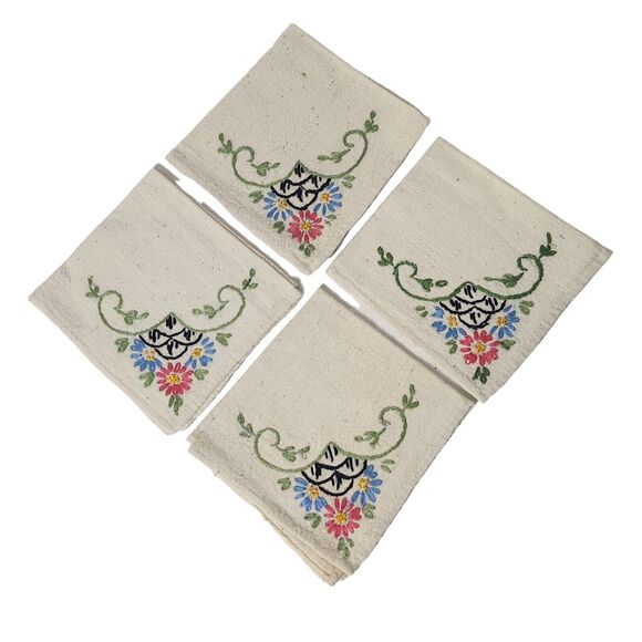 VTG 1970 EMBROIDERED NAPKIN SET 4 HANKIE BRIDAL LINEN COLORFUL EUC PINK BLUE - Picture 1 of 4